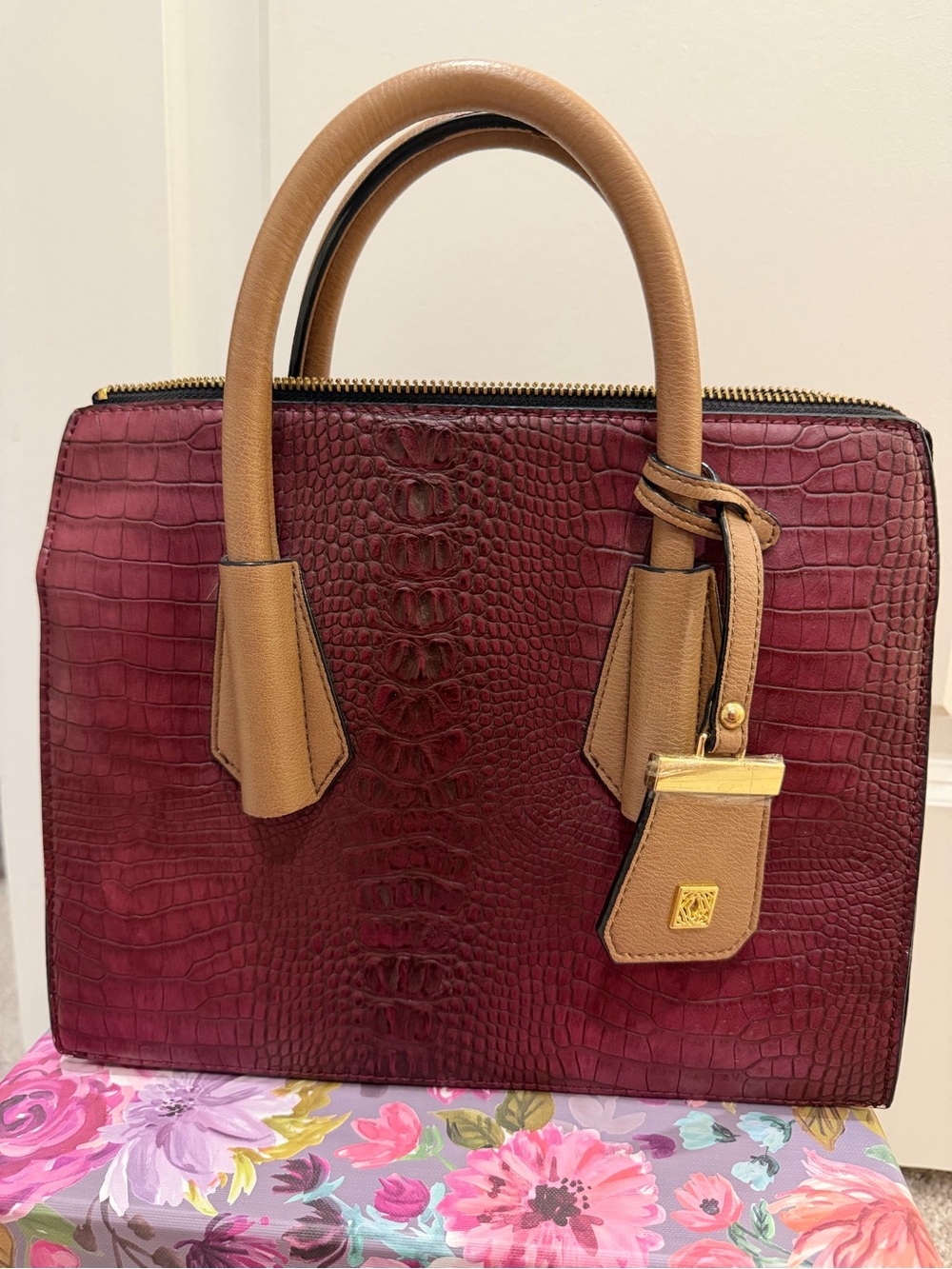 Kate Landry Burgundy Croc Embossed Structured Satchel Handbag